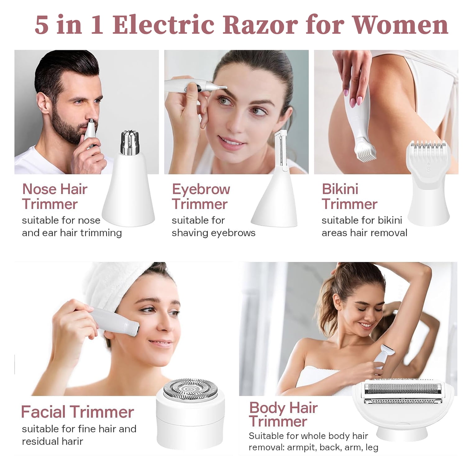 5 in 1 Bikini Trimmer for Women, IPX7 Waterproof Wet & Dry Electric Razors for Women with Charge Dock, Womens Electric Shaver for Bikini Underarm Body Face