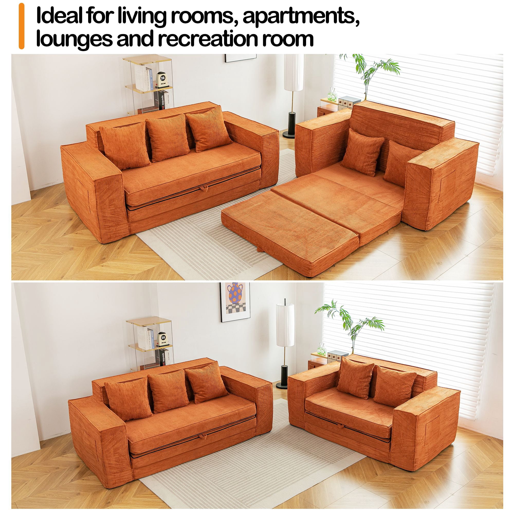 Vicluke Memory Foam 3 Seater Sofa Couch, Convertible Sleeper Sofa Bed w/Corduroy Fabric, Side Pockets, Foldable Upholstered Compressed Sofa Bed for Living Room, Apartment No Assembly Required (Tan)