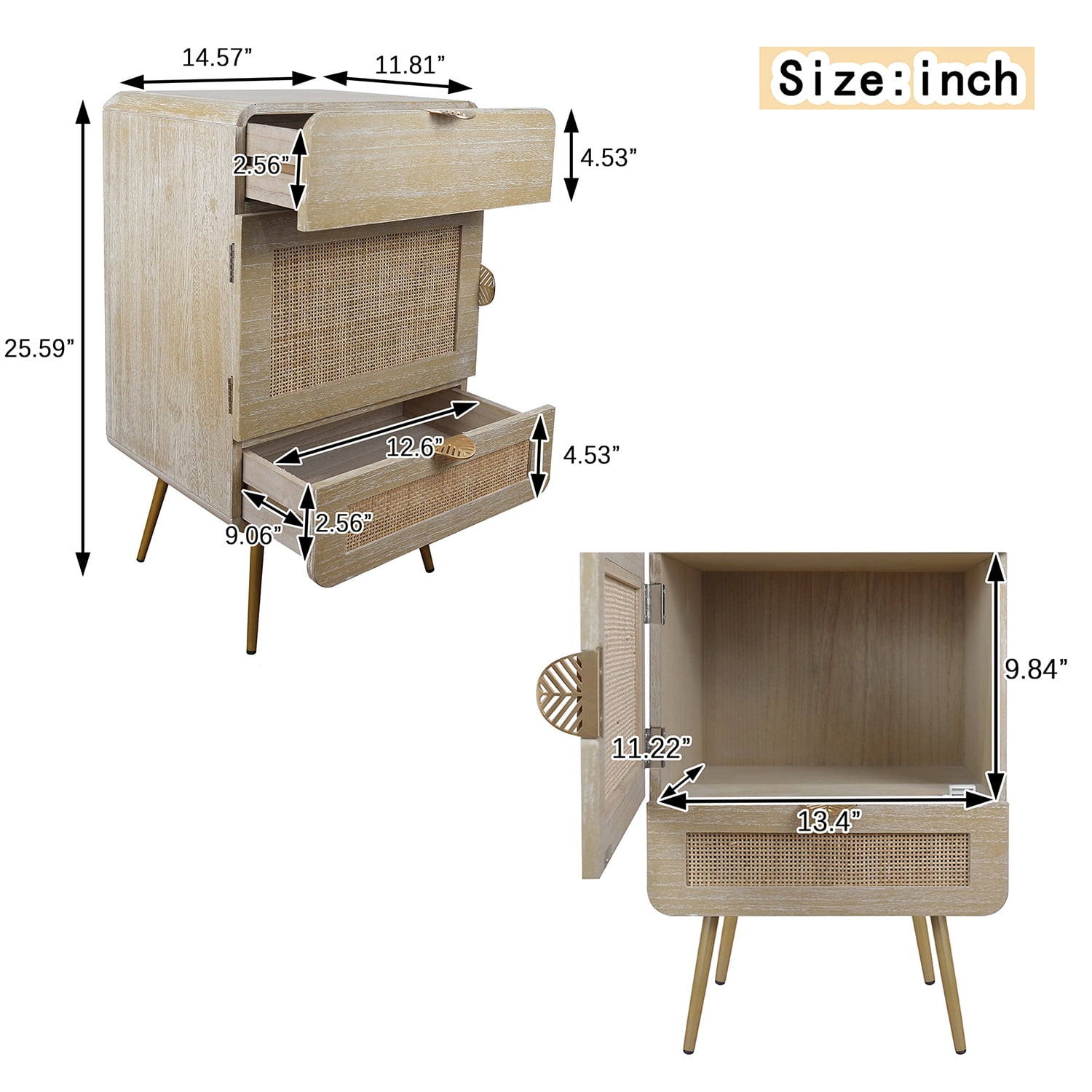 Kadyn 2 Drawer Wooden Nightstand with Rattan Panel, Bedside Table with One Cabinet and Metal Feet, Storage End Table for Living Room and Bedroom, Natural Kadyn 2 Drawer Wooden Nightstand with Rattan Panel, Bedside Table with One Cabinet and Metal Feet, Storage End Table for Living Room and Bedroom, Natural