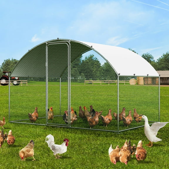 KFFKFF Metal Chicken Coop 9.8 x 6.5 x 6.5 ft Dome Roof Poultry Cage Chicken Run with Waterproof Cover Large Outdoor Walk in Chicken Coop Cage for Backyard, Farm