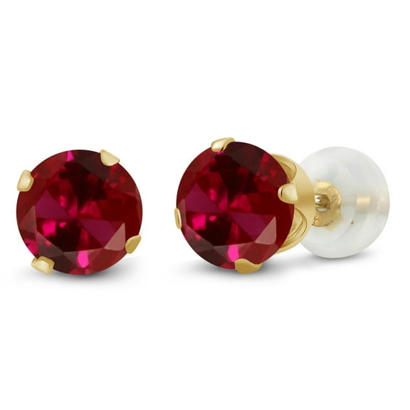 Gem Stone King 10K Yellow Gold Red Created Ruby Stud Earrings for Women Men (2.00 Cttw, Round 6MM)