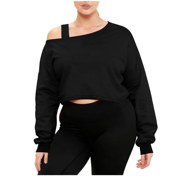 Womens Crop Sweatshirts Long Sleeve Cold Shoulder Pullover Loose Solid Color Workout Casual Strappy Tops (XL, Black)