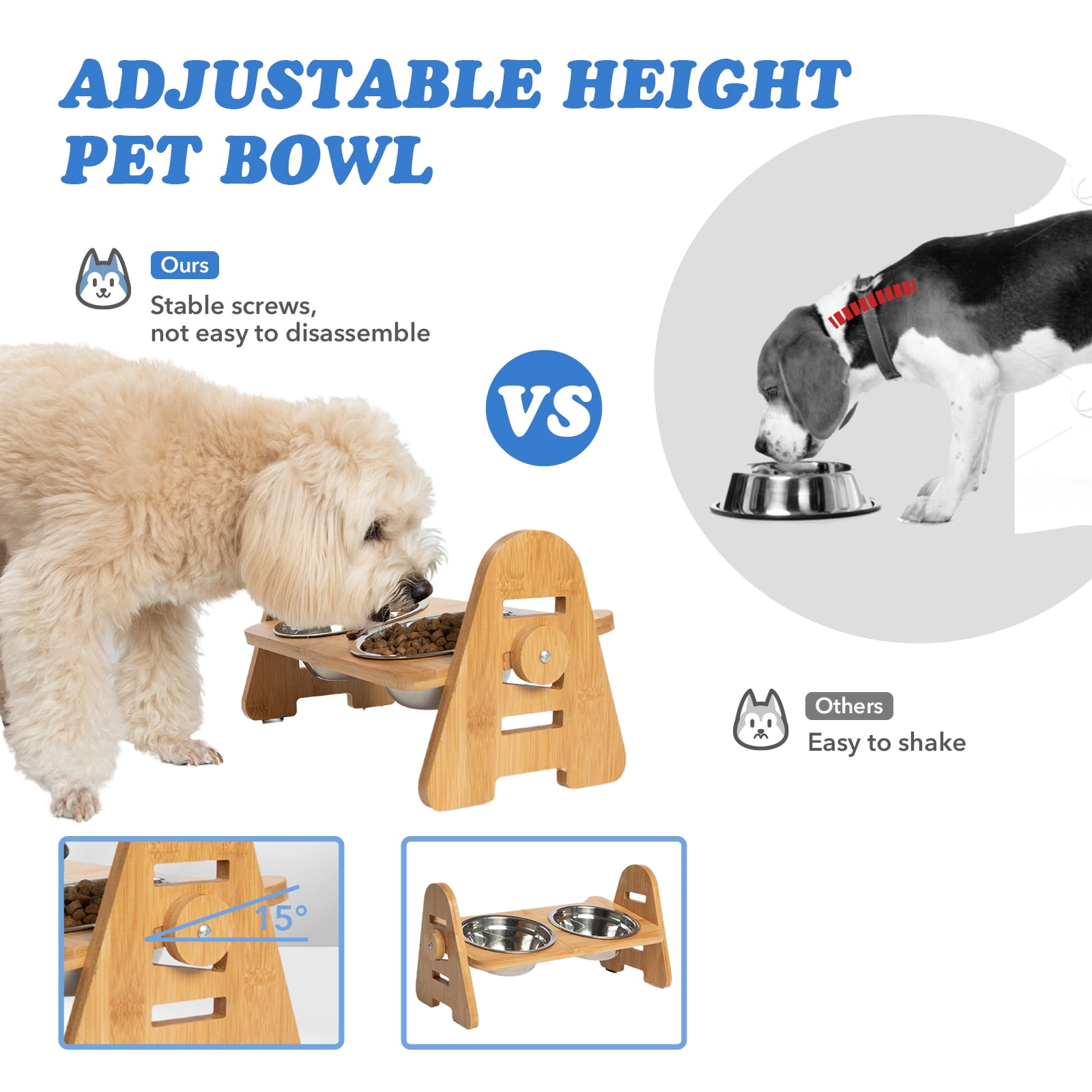 Kitgo Adjustable Elevated Stainless Steel Bowl for Dogs and Cats, Durable Bamboo Frame Feeding Tray Dog Bowl, 15° Tilt Elevation with 2 Stainless Steel Bowls and Non-Slip Feet