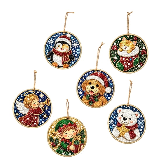 6 Pack Christmas Acrylic DIY Diamond Art Ornament Kit, Comes with Colorful Ribbons, Ideal for Christmas Tree and Home Holiday Decor