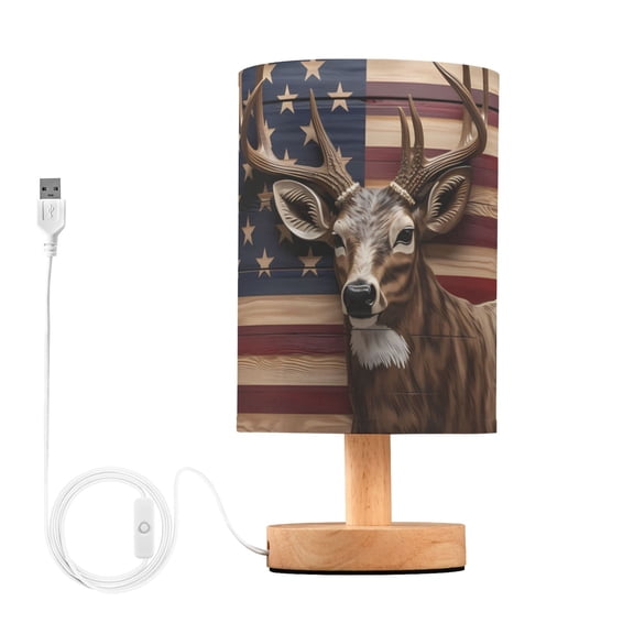 American Flag Deer Table Lamp USB Bedside Desk Nightstand Lamp Printed Gifts Small Lamp Wood Base for Bedroom Living Room Kids Room College Dorm