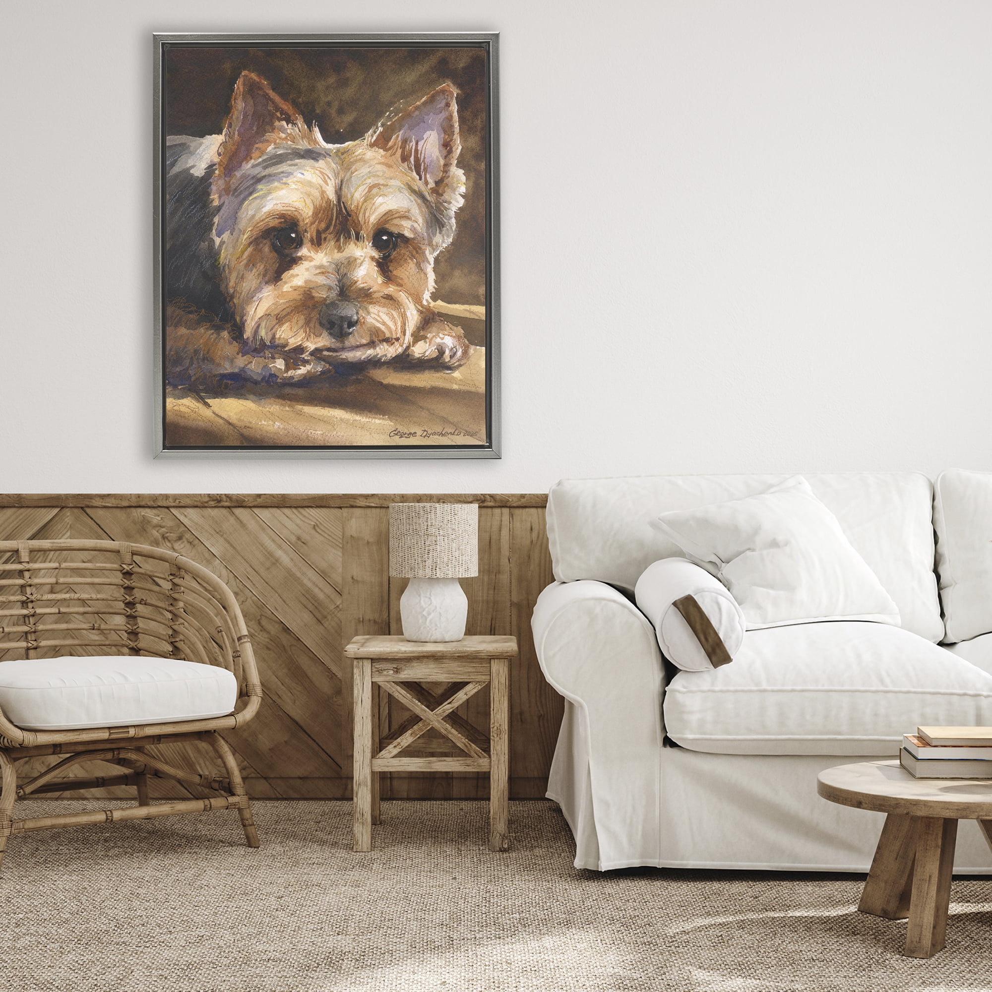 Stupell Industries Yorkshire Terrier Portrait Gray Framed Floater Canvas Wall Art, design by George Dyachenko