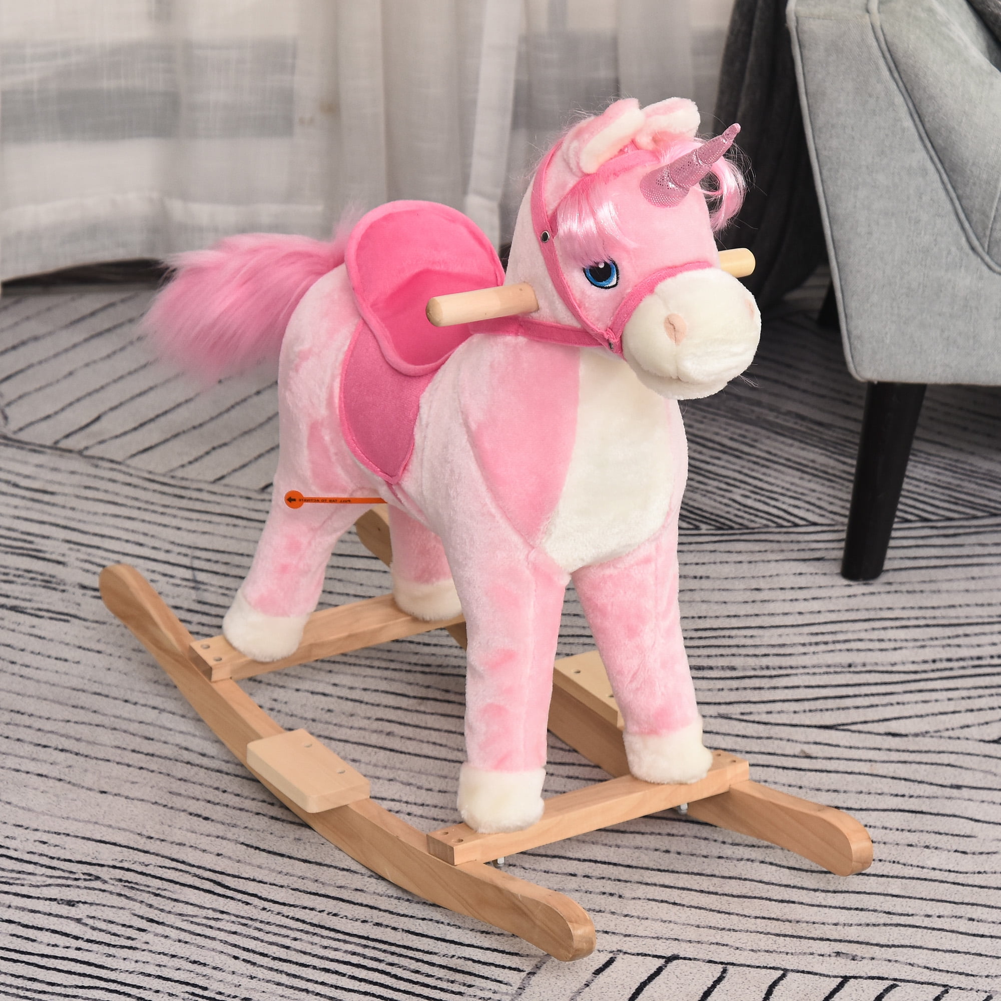 Bikes Qaba Rocking Horse, Ride on Horse Unicorn Design with Wooden Base, Tail Wag & Sounds for Toddlers 3-6 Years Old, Pink, Riding Toys