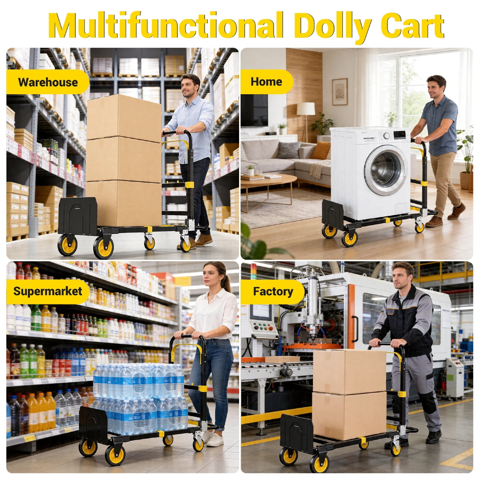 Gewna 2 in 1 Folding Hand Truck with Retractable Handle and 4 Rubber Wheels, Heavy Duty Dolly Cart 600lbs Load Capacity for Moving,Travel,Office Use