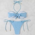 thumbnail image 4 of Sevevn Women's Textured Bandeau Bikini Set Halter Shell Decor Side Tie Thong Two Piece Swimsuit Light Blue L, 4 of 7