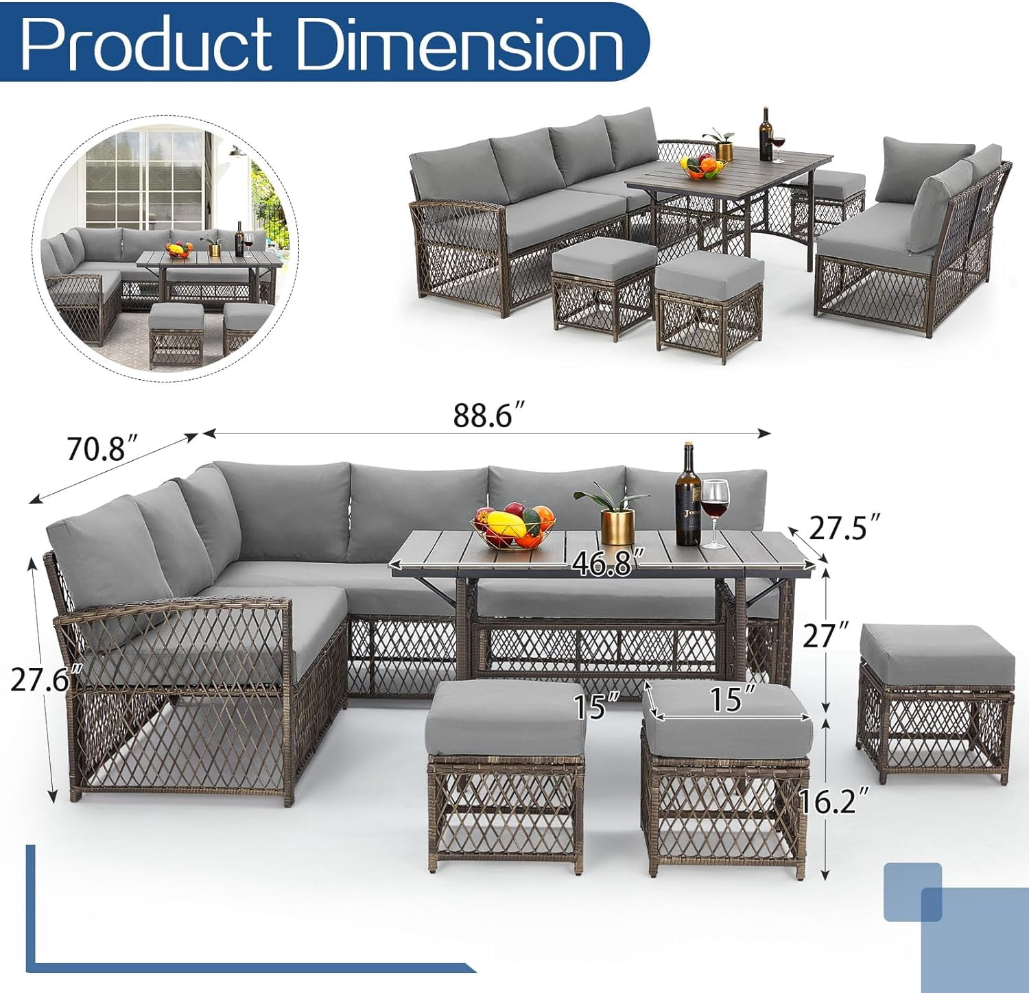 AECOJOY Patio Furniture Set with Cover, 7 Pieces Wicker Outdoor Sectional Sofa with High Table and Chairs, All Weather PE Rattan Conversation Dining Set with Ottoman, Grey Cushions