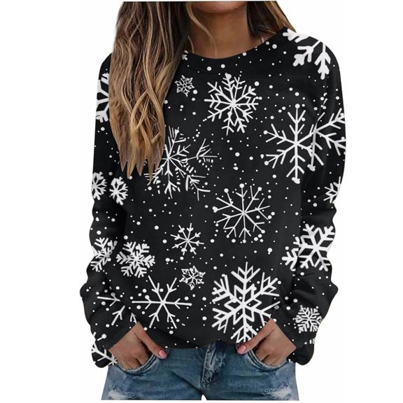 gakvbuo Christmas Sweater for Women Funny Christmas Sweatshirt Crewneck Print Long Sleeve Blouse Party Pullover Sweatshirt Tunic Tops Hoodless Shoulder Sweatshirt