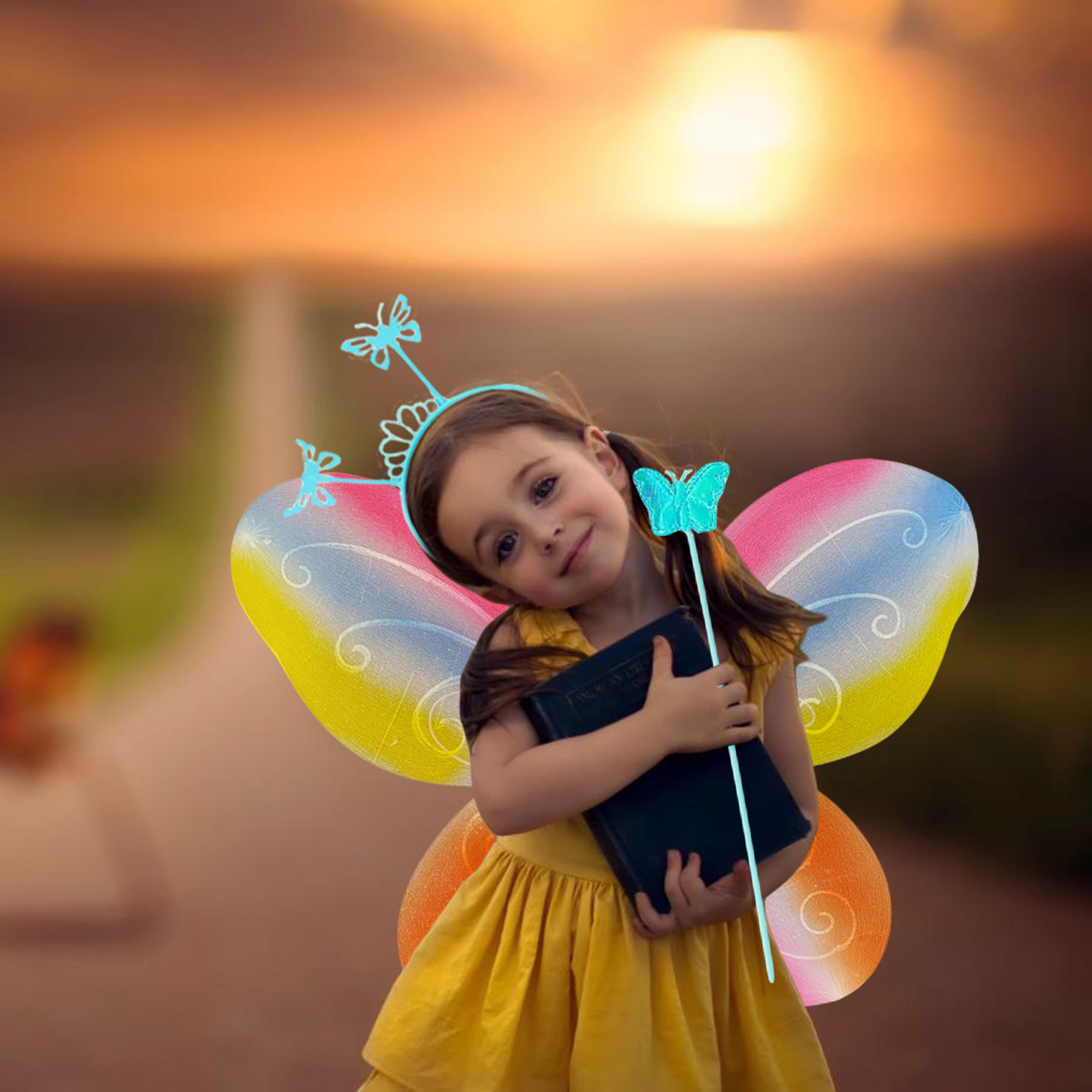 Kids Girls Rainbow Butterfly Wings with Headband and Wand Angel Wing Fairy Wings Halloween Costume Birthday Party Favors - image 2 of 4
