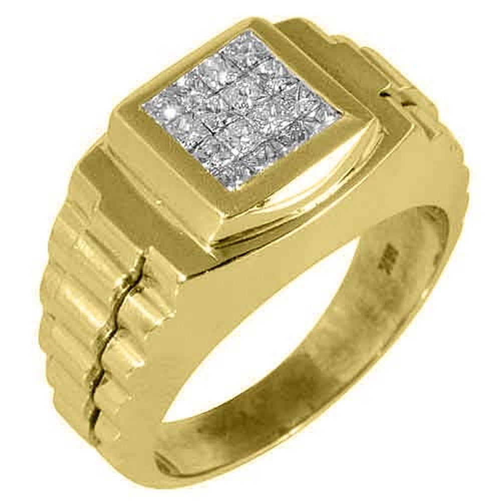 Mens 18k Yellow Gold Princess Square Cut Diamond Rolex Style Ring ...
