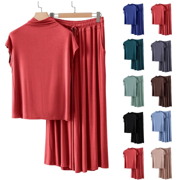 Paiwinds Women's Pajama Set - V-Neck Short Sleeve Solid Color Top & Loose Pants, Cotton Blend Summer Loungewear for Home