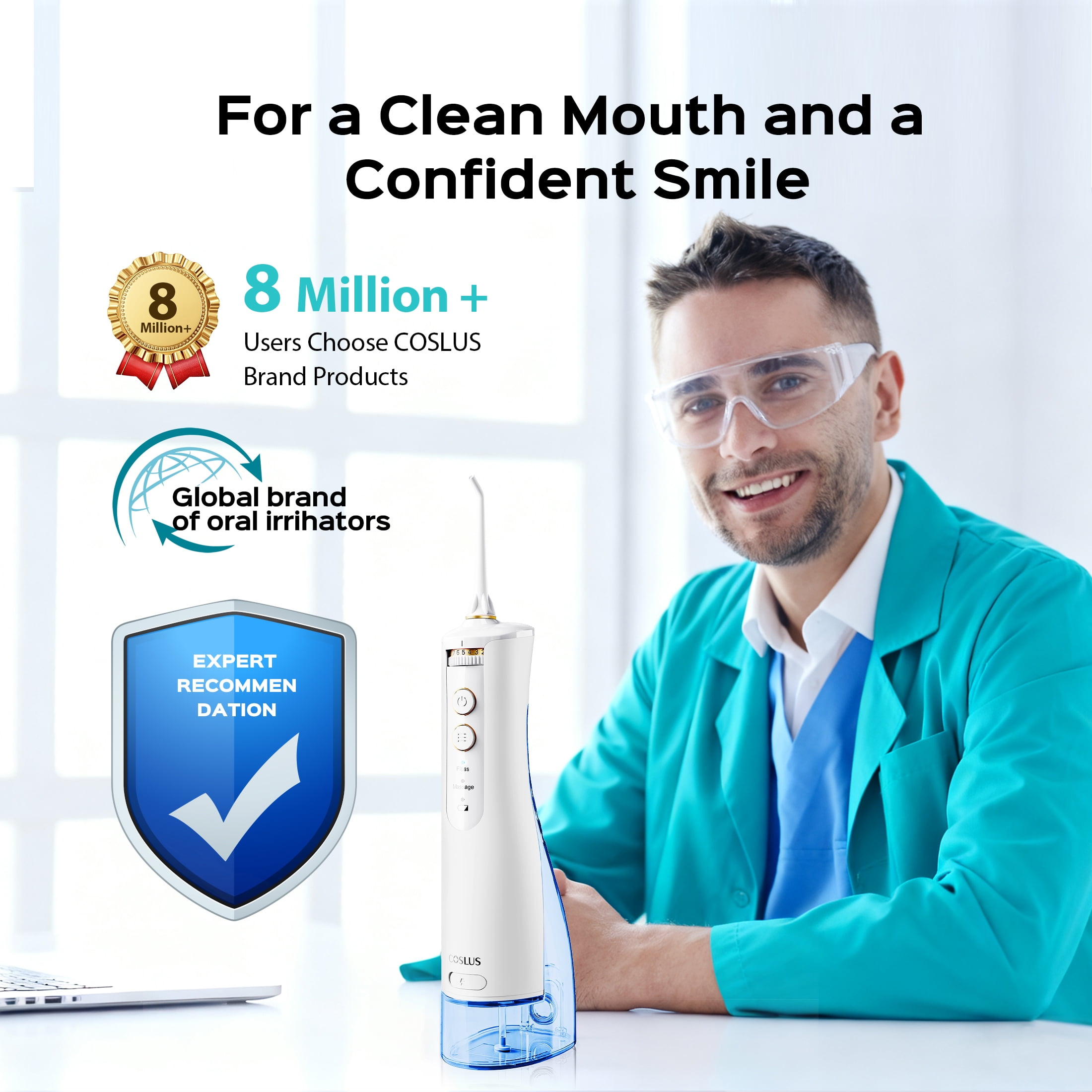 COSLUS E40 Portable Water Flosser for Teeth,Water Dental Flosser with 10 Pressure Settings,Rechargeable,Cordless, for Travel-White