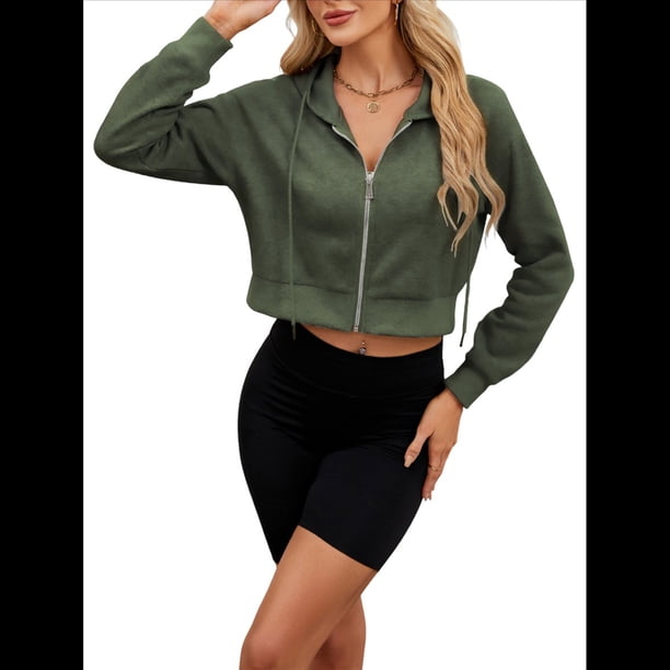 Sudadera con Capucha y Cremallera para Mujer, Cárdigan Corto, Sudadera con Capucha y Cordón, Top Informal de Larga. Verde XL