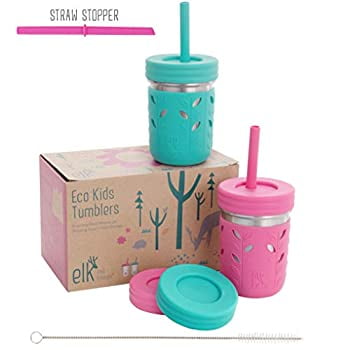 Stainless Steel Cups/Mason Jar 10oz - Kids cup/Toddler Cups with Silcone Sleeves, Silicone Straws, Straw & Regular lids - Sippy cups, Spill proof cups for Kids, Smoothie