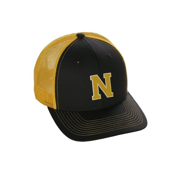 Structured Trucker Mesh Hat Custom Colors Letter N Initial Baseball Mid Profile (Black Gold White Gold)