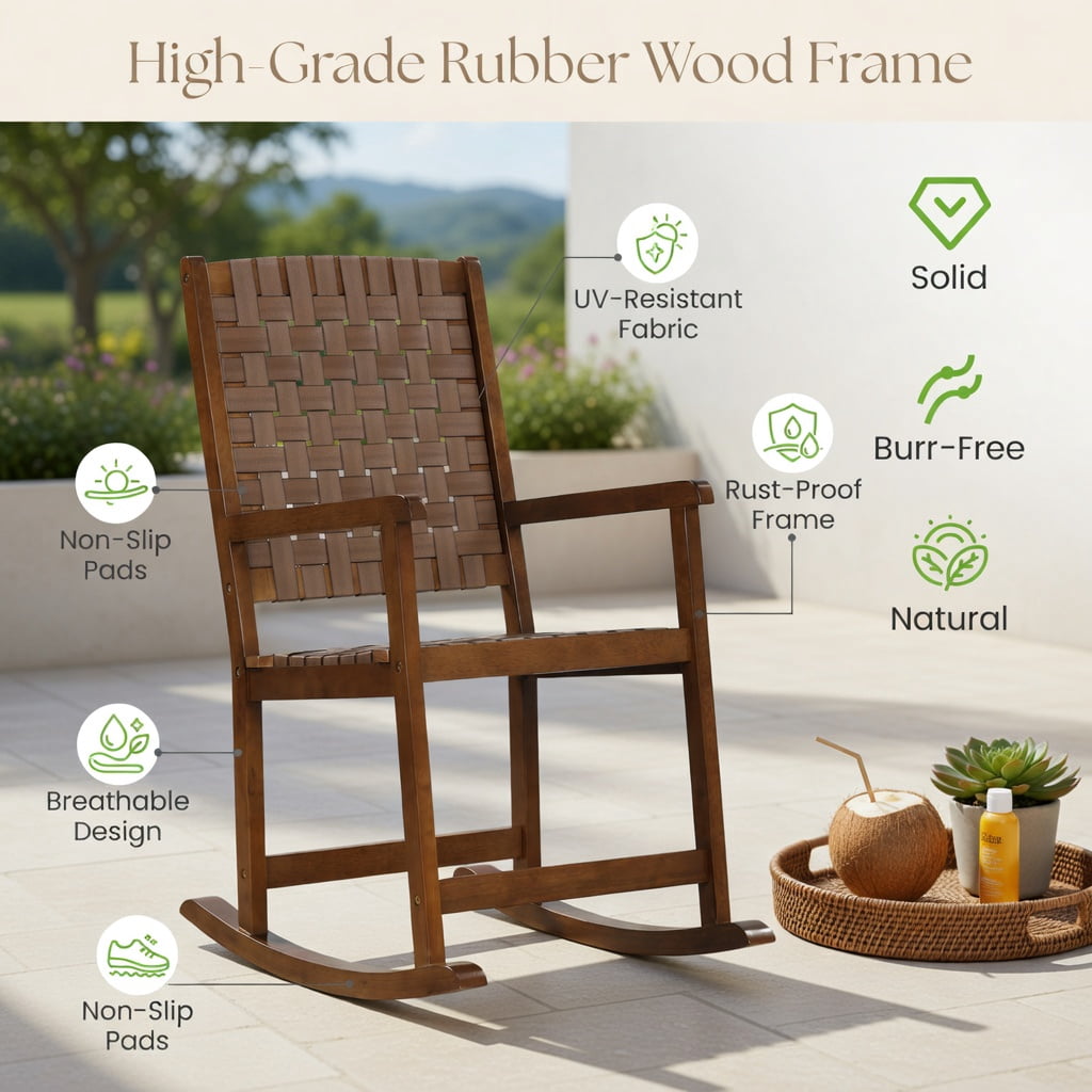 Hommoo Rubber Wood Patio Rocking Chair with PU Leather Seat, Indoor & Outdoor Balcony, Backyard, Living Room Rocker, Sturdy, Easy Assembly, Brown