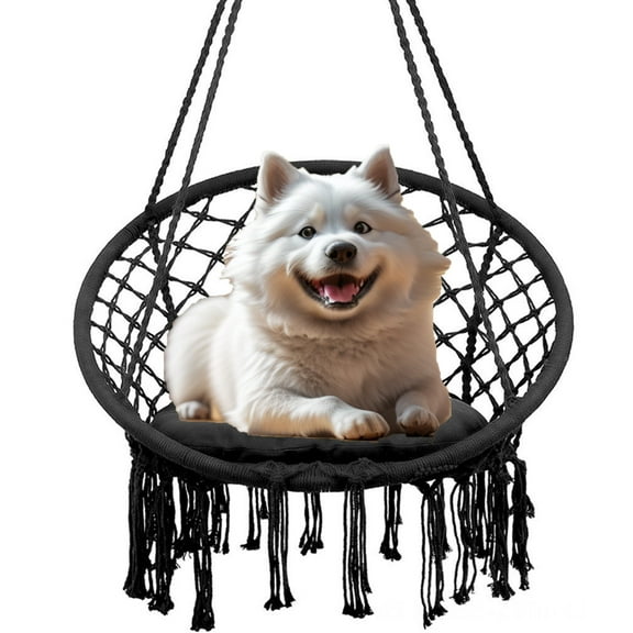 Macrame Hanging Swing Chairs, Bohemian Style Round Hanging Chair, Handmade Knitted Cotton Rope Hammock Swing Chair for Indoor/Outdoor Home Bedroom Yard Garden Patio, Max 330Lbs, Black