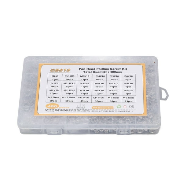 Kit de tornillos de cabeza plana de 480 piezas, cruz, acero inoxidable 304, surtido de tuercas y arandelas, M2, M2.5, M3, M4, M5 y M6.