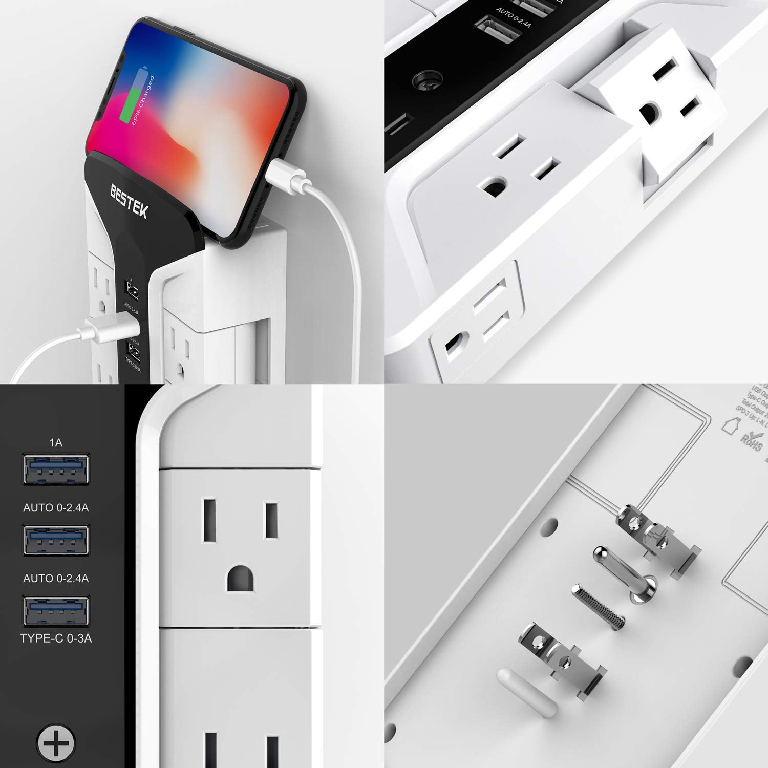 BESTEK 7-Outlet Wall Tap Surge Protector with Swivel Outlets, 3 USB, 900 J, Top Phone Holder