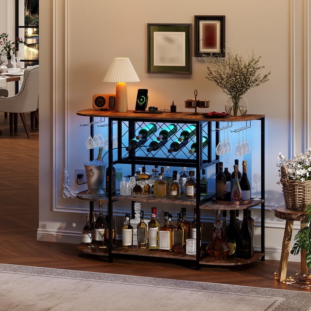 AKDSteel Wine Bar Rack Cabinet With Led Lights And Power Outlet, 3-Tier Bar Table With Glass Holder For Kitchen Or Living Room