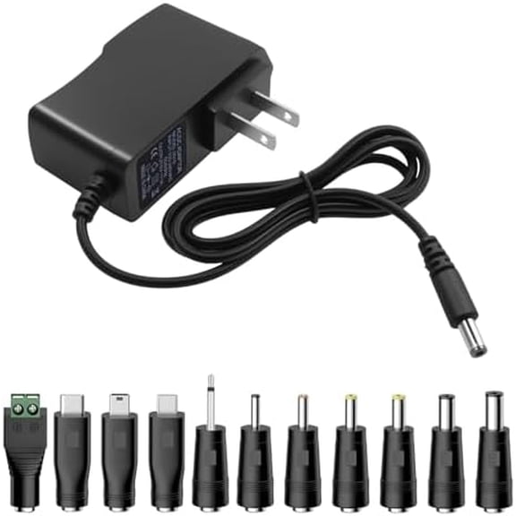 5V 1A Wall Charger Power Adapter, 5FT Cord 5.5x2.1mm Main Jack, 11‑Pack Interchangeable Tips Including Type‑C, Micro‑USB, Mini‑USB & DC Plugs for Multi‑Purpose 5‑Volt Devices