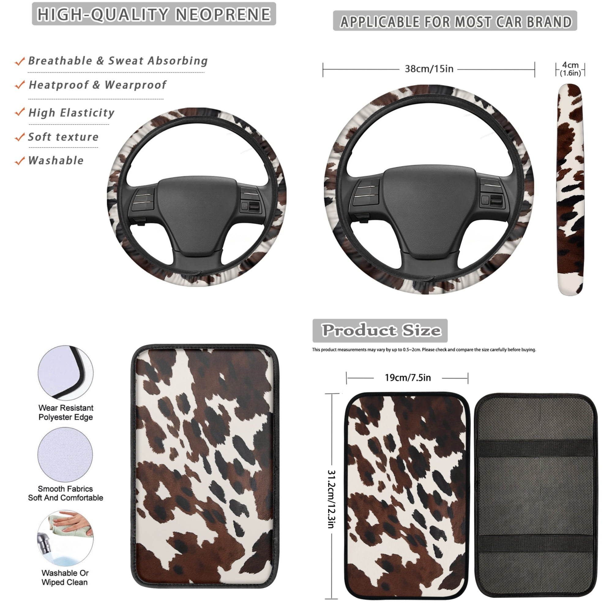 Jeiento Brown Cow Print 13 PCS Car Seat Cover Full Set with Auto Steering Wheel Cover Seat Belt Strap Pads Cup Coasters Armrest Pad Keychains Chapstick Holder Universal Fit Easy Install