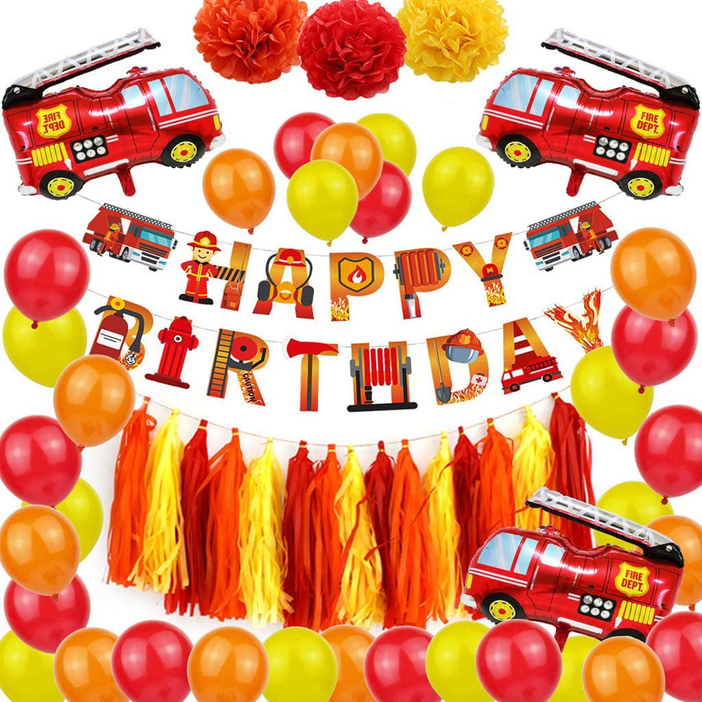 Happy Birthday Party Sign Fire Engine Rescue Bday Decorations Gyzone Fire Truck Birthday Banner 