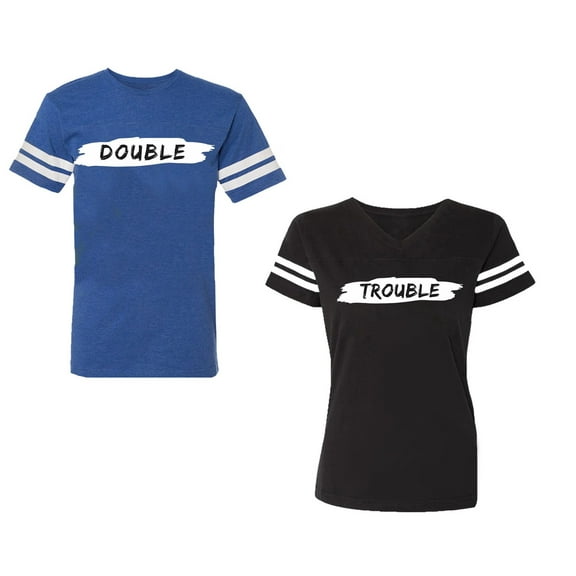 Double Trouble Unisex Couple Matching Cotton Jersey style T-Shirt Contrasting stripes on sleeves (Men Royal / Women Black) (Men S / Women S)