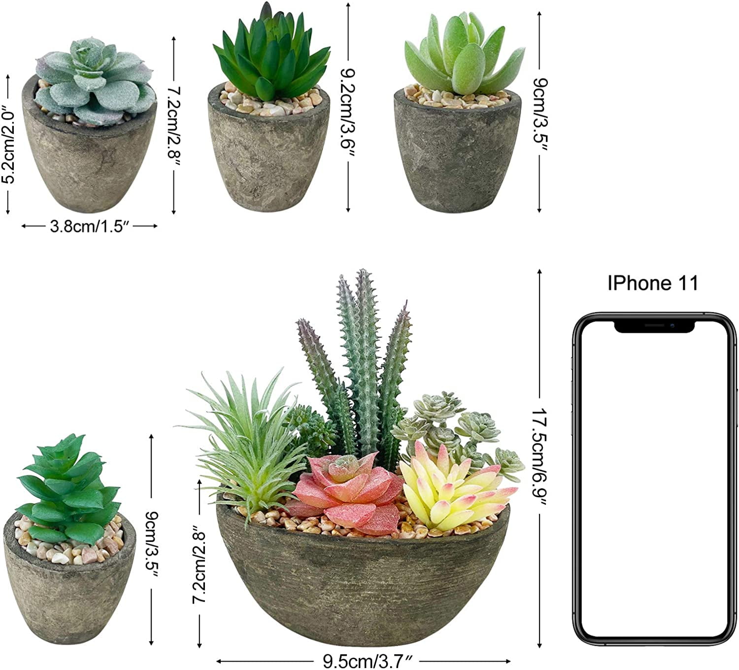 5 Pack Artificial Plant, Fake Succulent, Artificial Flowers with Cement like Pots for Home Office Decoration, Green