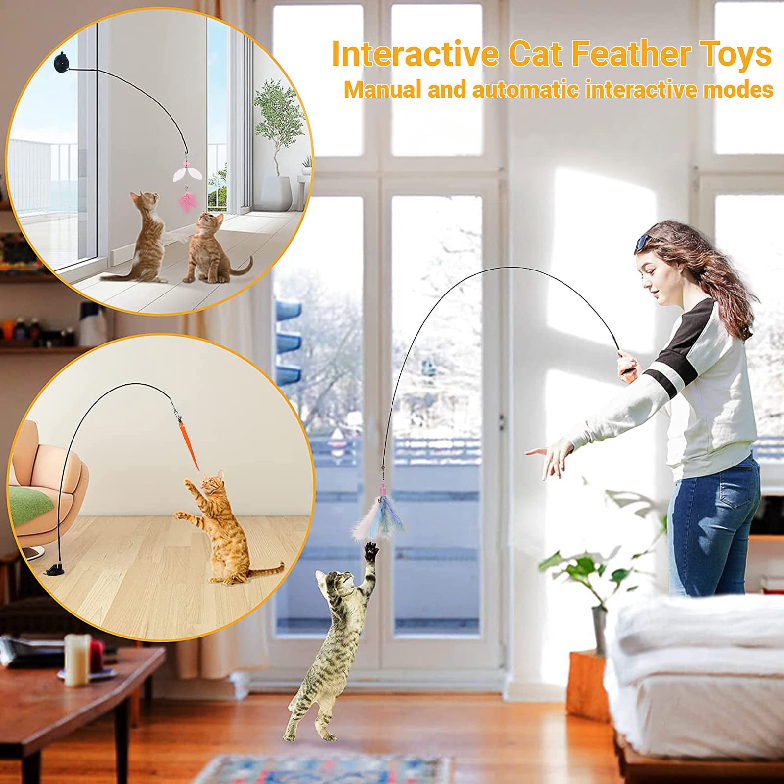 TETOU Interactive Bird Cat Toys Set, Cat Feather Toy with Self-Holding Suction Base, Flying Bird Cat Toys for Indoor Cats Kitten Play Chase Exercise -5 Replacement Birds