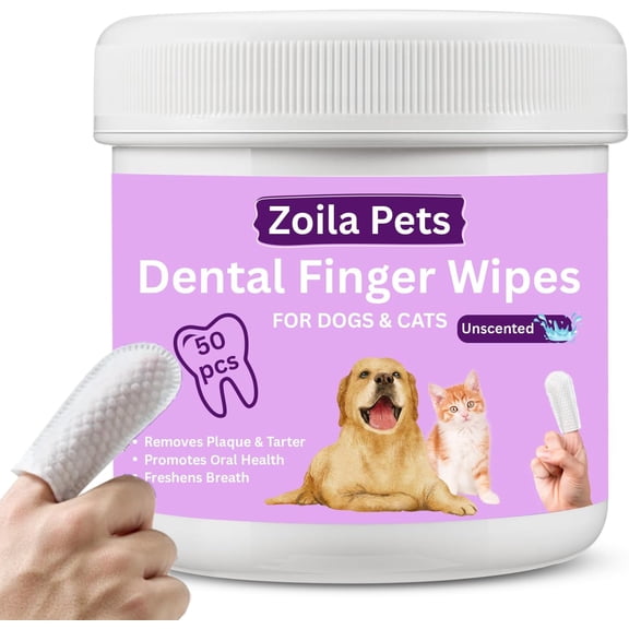 Zoila Pets Dental Wipes Unscented – Best Dog Teeth Cleaning, Dog Dental Wipes for Dogs Teeth, Finger Toothbrush for Dogs and Cats, Oral Care, Remove Plaque, Tartar & Bad Breath – 50 Count