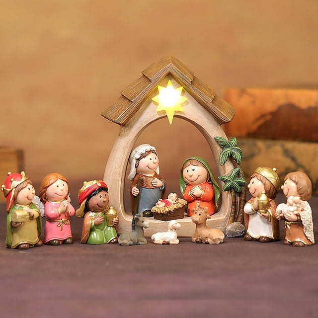 Set de Adornos Navideños de Resina con Escena Del Nacimiento y Luces Led | Luces Led Amarillas de Bajo Consumo | Adornos de Escultura Espiritual Del Nacimiento