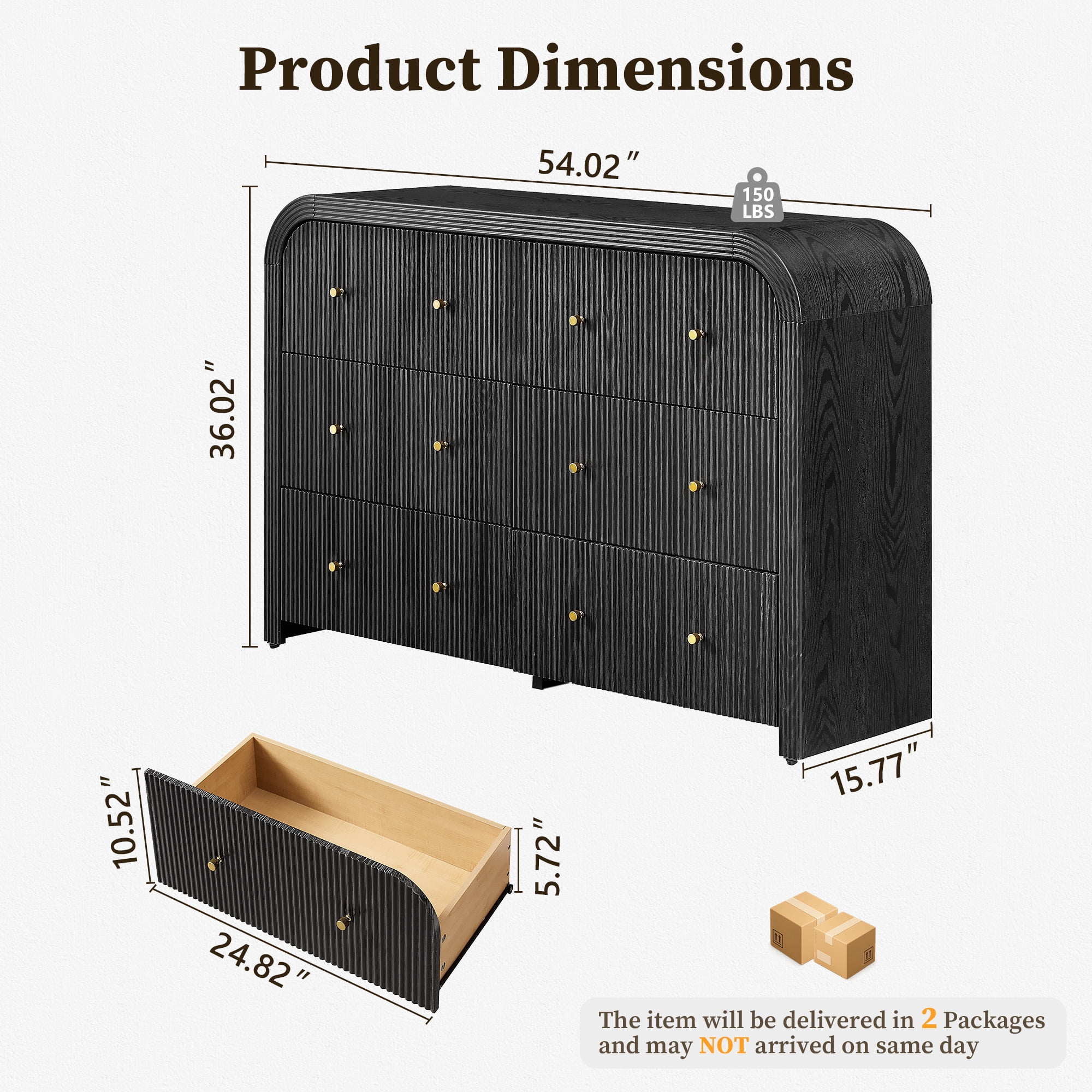 KeyWhat 54" Modern 6-Drawer Dresser, Fluted Chest of Drawers with Curved Profile, Wood Storage Cabinet for Bedroom and Living Room, Black Oak