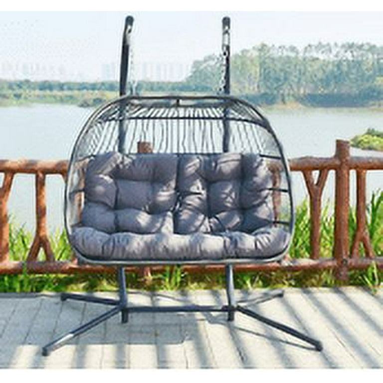 Hanging Swing Chair with Stand for 2 Person Double Egg Chair with Headrests and Cushions Hammock Chair for Indoor Outdoor and Patio Garden
