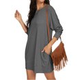 thumbnail image 2 of Women's Casual Dress Long Sleeve Round Neck Solid Color with Pocket Classic Fit Midi Dress for Spring Fall Everyday,Light Gray,2XL, 2 of 7