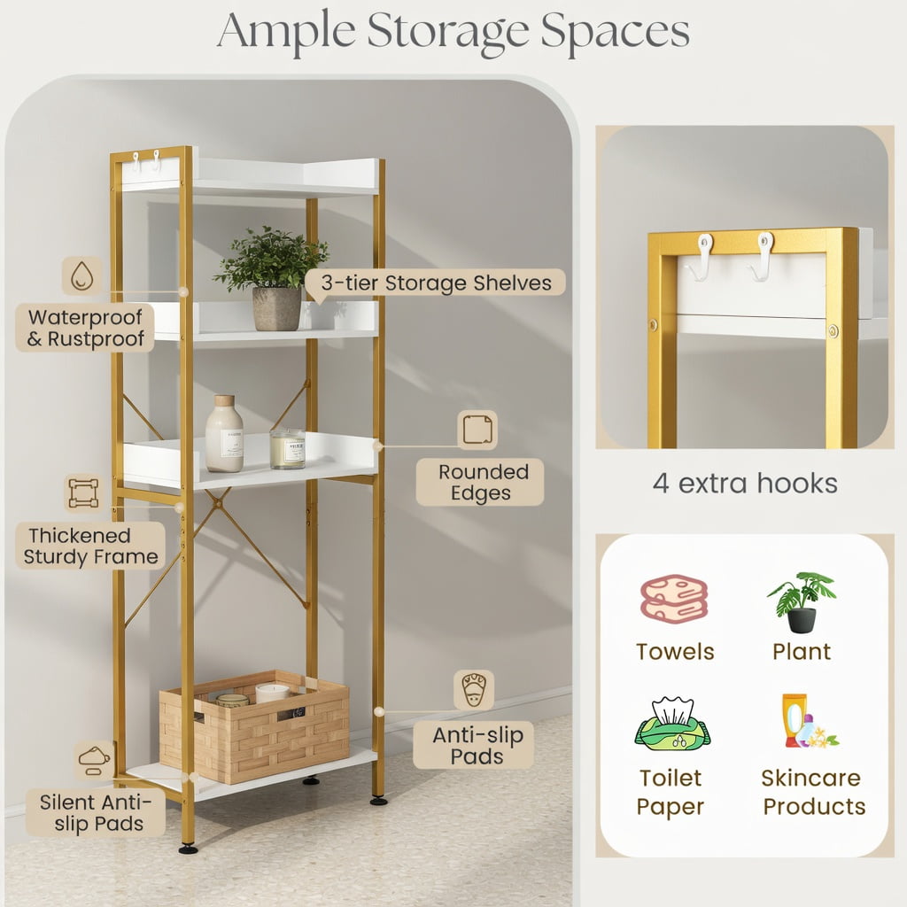 Hommoo Over-the-Toilet Storage Rack with Adjustable Bottom Bar, 3-Tier Open Shelves & Dual Side Hooks, White