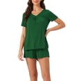 thumbnail image 1 of Conjuntos de pijama de mujer INSPIRE CHIC, ropa de salón casual, tops de cuello en V con mangas cortas y pantalones cortos, XS, verde, 1 of 6