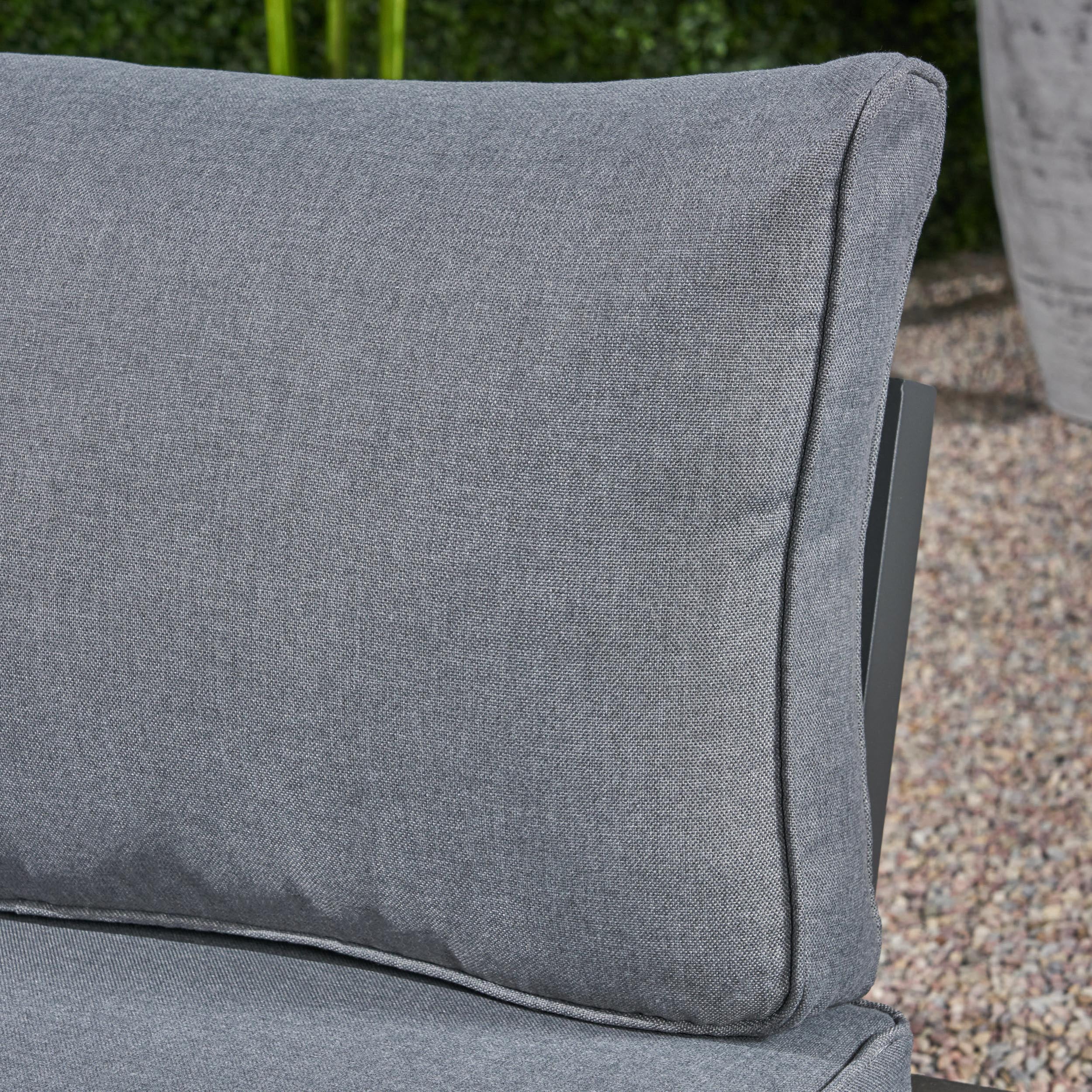 Kenzie Outdoor 4 Piece Aluminum and Wood V-Shaped Sofa Set with Cushions, Gray, Dark Gray