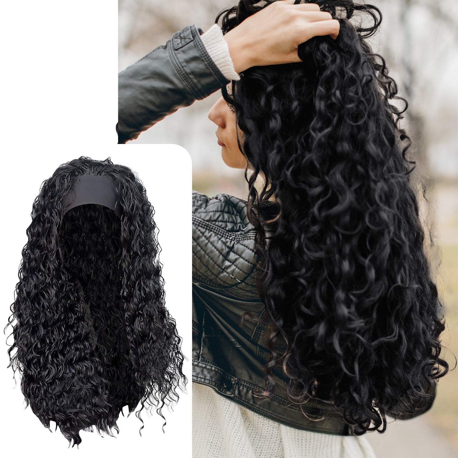 Headband Wigs Long Black Body Wave Clueless Wigs for Black Women,24inch Headband Wig Curly Deep Wave Headband Wig,Synthetic Natural Looking Wavy Head Band Wig Human Hair Wigs