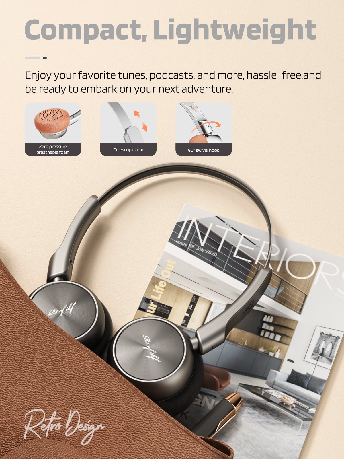 iKF R1 Wireless Retro Wireless Headphones Bluetooth 5.3 APP Custom Sound 60 Hours Playtime Game Mode Noise Isolation Built-in Microphone Throwback 80s 90s Design (Black)