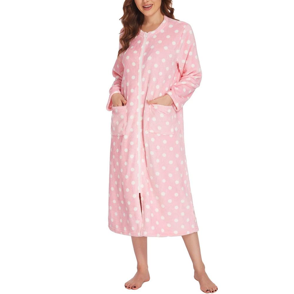 Women's Zip Up Fleece Robe, Long Warm Fitted Bathrobe S2XL