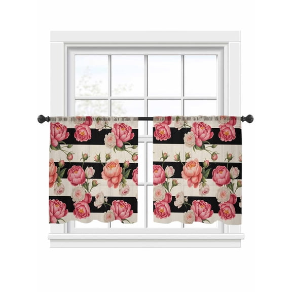 Pink Peony Sheer Curtains 2 Panels Set Flowers Black And White Stripes Linen Texture Sheer Window Curtains Light Filtering Rod Pocket Voile Drapes for Bedroom Living Room 52"x54"