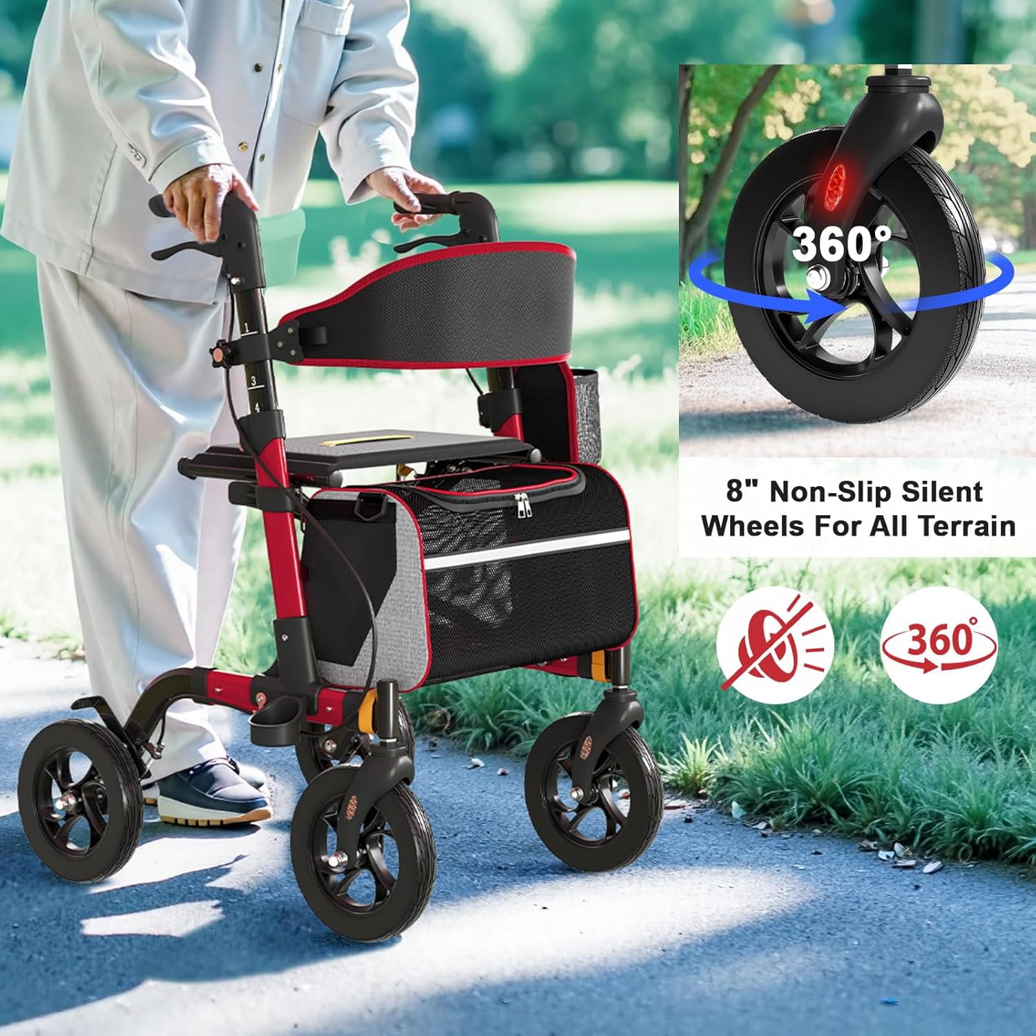 Aukfa Lightweight Rollator Walker with Seat,8" Big Wheels All Terrain Rolling Walker for Seniors,350 lbs Capacity, Red