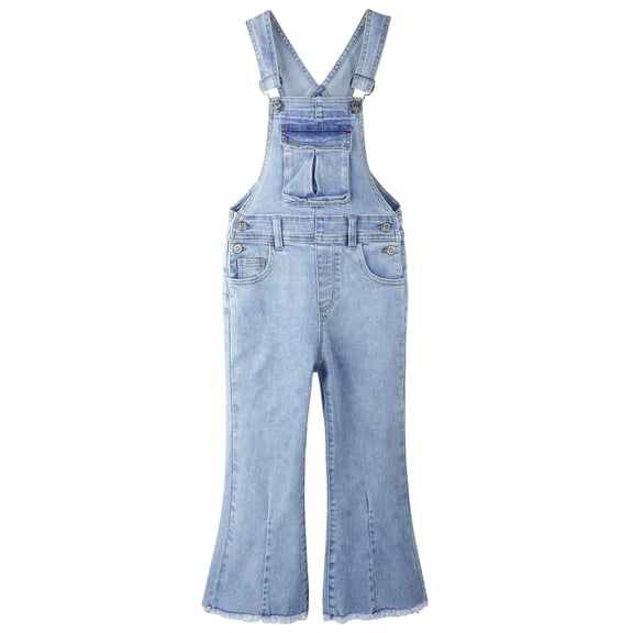 KIDSCOOL SPACE Girls Denim Flared Overalls Pants, Deep Heel Pockets Bell Bottom Raw edge Pants Hem Dungarees,MidBlue 9-10 Years
