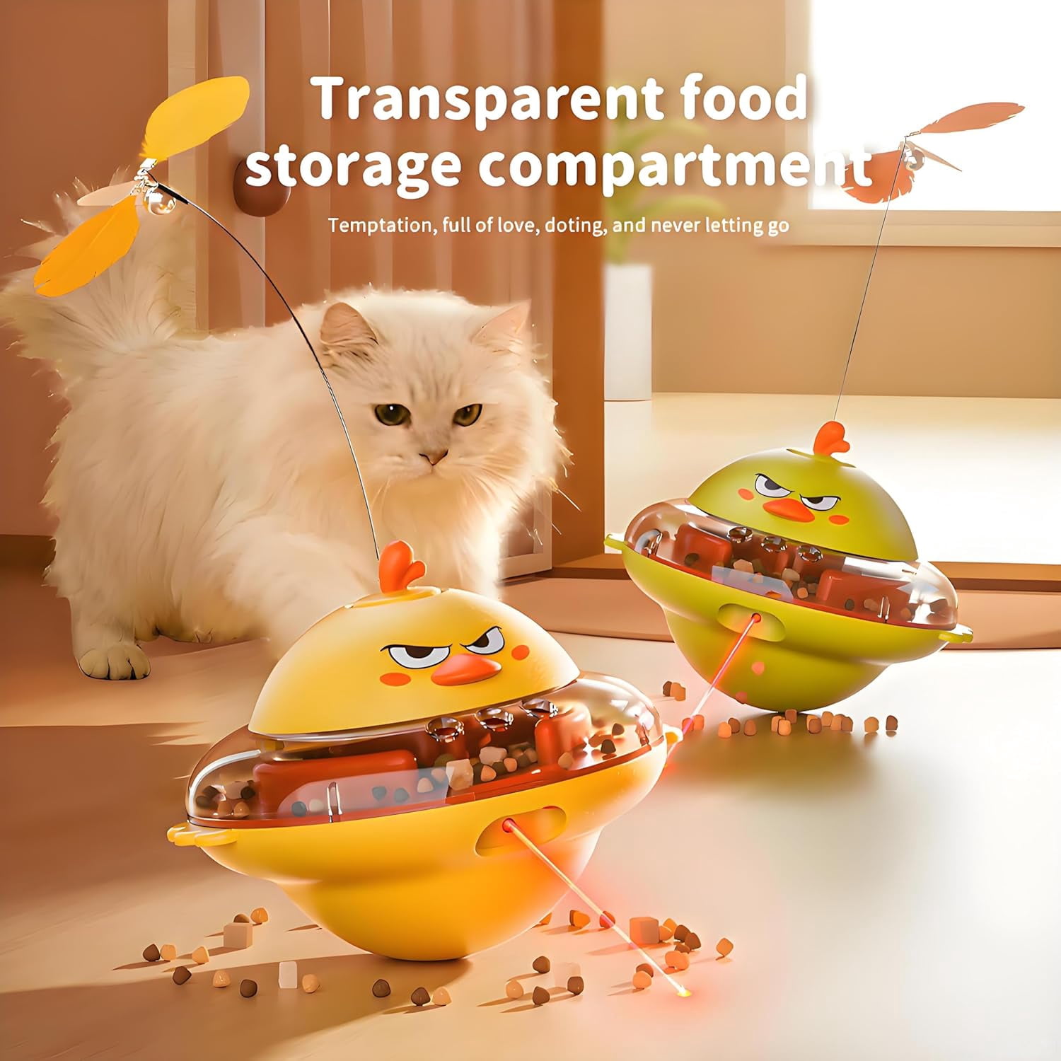 4-in-1 Automatic Cat Interactive Toy, Self-Balancing Spinning Laser Pointer w/Feather Teaser&Treat Dispenser, Bird Chirping, 360 °   Rotation, Quad-Sensory Boredom Relief for Indoor Cats
