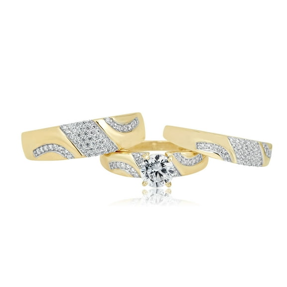 AVORA 10K Yellow Gold 1 Ct Simulated Diamond CZ  Engagement Wedding Band Trio Ring Set