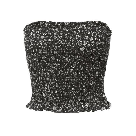 MixMatchy Women's Strapless Ruffled Edge Printed Smocking Crop Top